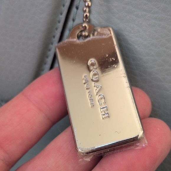 COACH I Light Aqua Blue Derby Pebble Leather Tote Bag Purse with Silver Tag - Picture 4 of 16